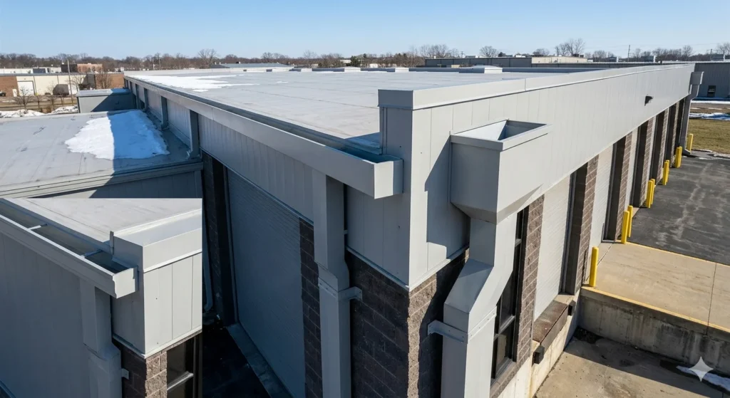 Roof with commercial gutter system